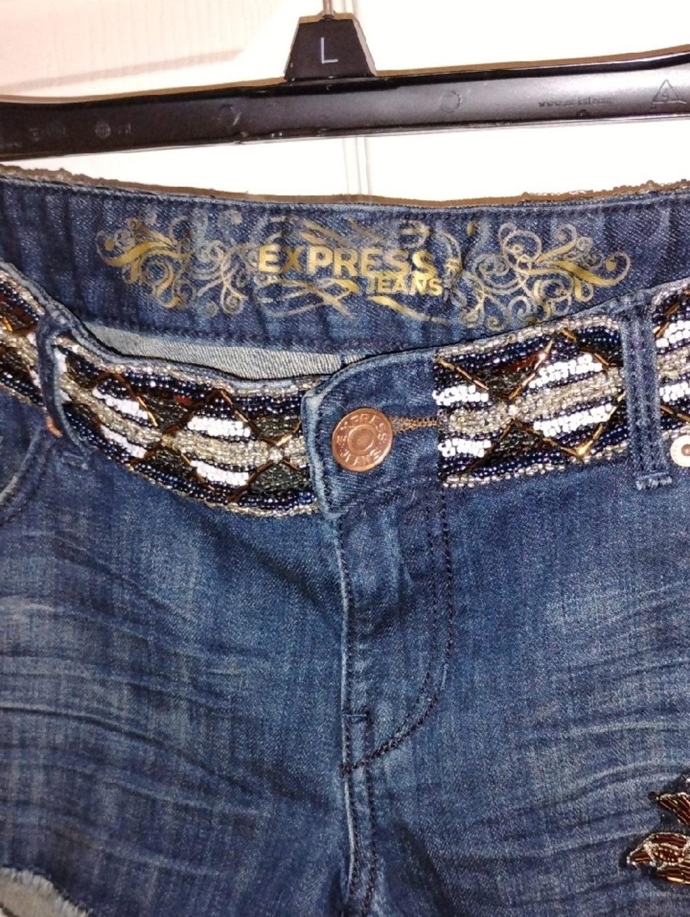 Express Dark Blue Denim Shorts with Gold Sequin Embellishment - Picture 7 of 8